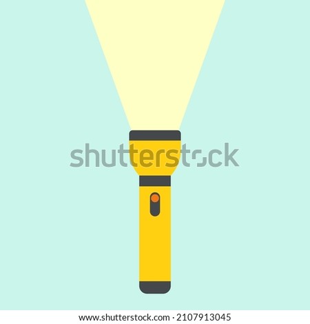 Vector background with glowing flashlight and beam of light. Portable torch  icon.