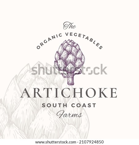 Artichoke Badge or Logo Template. Hand Drawn Vegetable Sketch with Retro Typography. Premium Plant Based Vegan Food Emblem Isolated Royalty-Free Stock Photo #2107924850