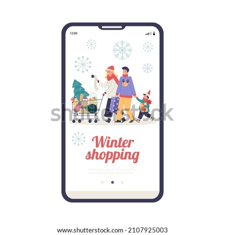 Winter family shopping thematic of onboarding mobile screen, cartoon flat vector illustration. Phone screen user interface design with family making Christmas shopping.