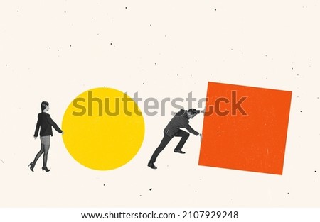 Contemporary art collage. Employees, man and woman pushing figures symbolizing hard work to success. Easy and hard ways. Concept of business, motivation, profit, promotion, ambitions Royalty-Free Stock Photo #2107929248
