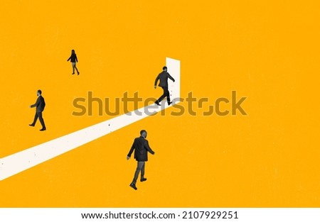 Contemporary art collage. Businessmen, employees walking into open door symbolizing new opportunities. Way to success. Concept of business, promotion, motivation, ambitions and ideas