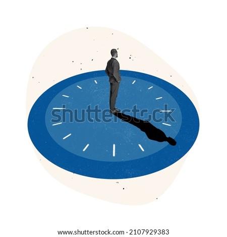 Contemporary art collage. Businessman standing on a clock symbolizing time management. Time for personal and professional development, Concept of career, motivation, projects, deadlines, leadersihp Royalty-Free Stock Photo #2107929383