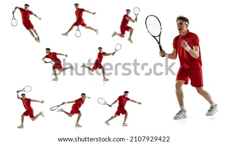 Winner, success. Young man, male professional tennis player in red uniform training isolated on white background. Concept of active life, team game, energy, sport, competition. Copy space for ad