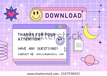 Retro browser computer window in 90s vaporwave style with smile face hipster stickers. Retrowave pc desktop with message boxes and popup user interface elements, Vector illustration of UI and UX. Royalty-Free Stock Photo #2107938425
