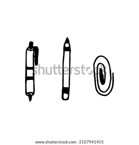 Image of stationery. Stock Vector Graphics ballpoint pen, pencil, paper clip. Hand drawn.