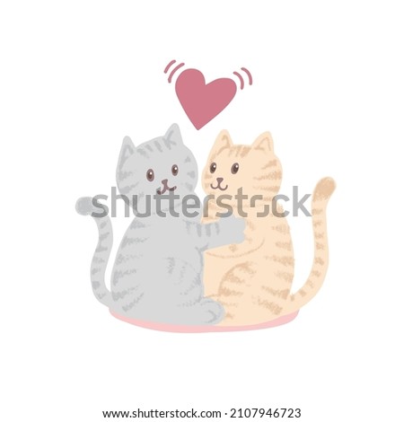 Cute cat couple cartoon with heart valentine love hand drawn vector illustration  