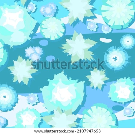 Winter landscape top view. Ice lake. Snowy frosty nature in cold season. From high. White and blue drifts of snow. Illustration in cartoon style flat design. Vector.