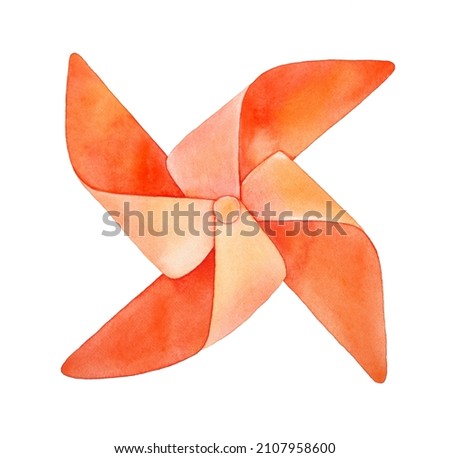 Party Pinwheel in warm orange color. Sign of childhood, carnival, hope, happiness, summer vacation. Hand painted watercolour graphic drawing on white background, cut out clip art element for design.