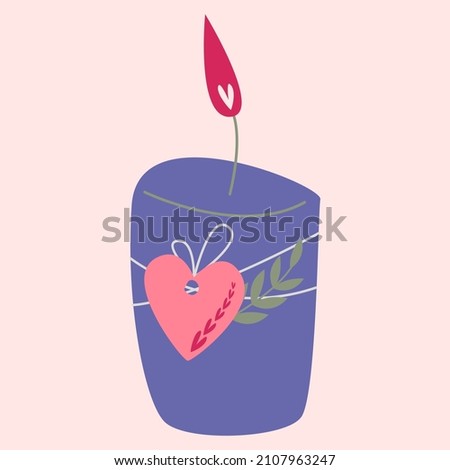 A candle with a decor from the heart of a twig. Vector symbols of love. valentine's day. A series of postcards in boho style.