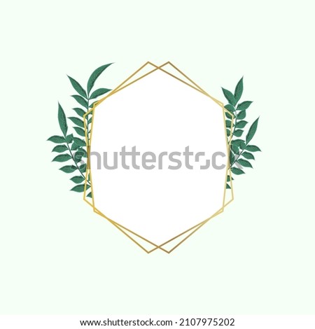 Abstract art vector.Gold frame with leaves. Artistic gold lines with botanical leaves, watercolor.