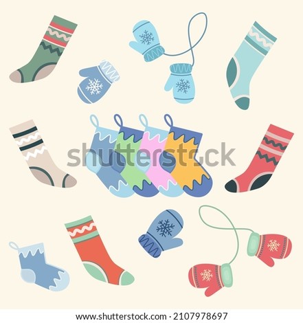 A set of warm knitted winter cute things. Mittens and socks. Comfortable lifestyle. Cozy autumn or winter mood. World knitting day in public places. Vector illustration. Hobby time. Handmade concept.