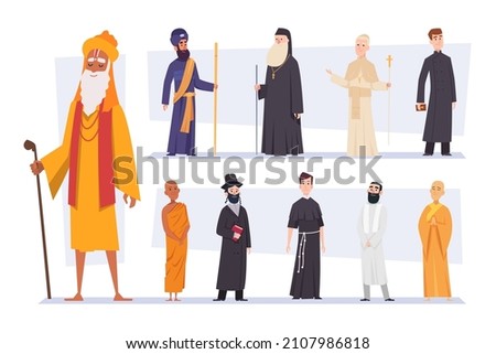 Religion peoples. Spiritual leaders religion guru of various confession christianity hindus monk arabic priests exact vector flat colored persons Royalty-Free Stock Photo #2107986818