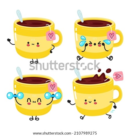 Funny cute happy cup of tea characters bundle set. Vector hand drawn doodle style cartoon character illustration icon design. Cute yellow cup of tea mascot character collection Royalty-Free Stock Photo #2107989275