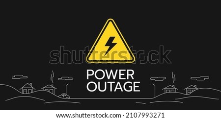 Power outage web banner has a warning sign with a lightning symbol and a line winter landscape of the village in snowdrifts. Editable line landscape. Royalty-Free Stock Photo #2107993271