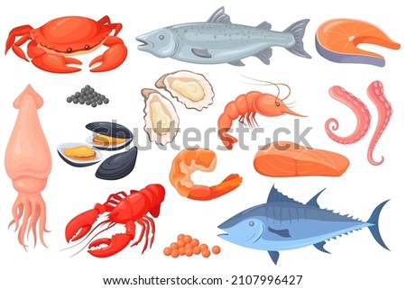 Cartoon raw seafood. Sea fish gourmet food, crayfish squid shrimp salmon crab trout shellfish, lobster dinner, ocean red meat recipe, healthy meal fresh tuna neat vector illustration Royalty-Free Stock Photo #2107996427