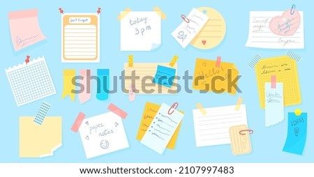 Cartoon sticky notes. Cute scrap from notepad for noting, coloured isolated sticker, paper list school notebook, noticeboard label, office stickers, neat vector illustration. Notepad sticky sticker Royalty-Free Stock Photo #2107997483