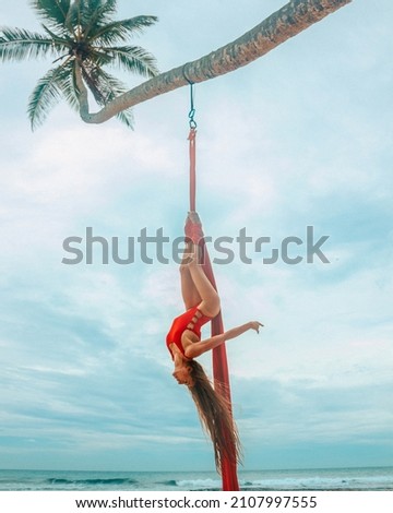 woman aerialist in red swimsuit makes aerial trick upside down on the red airsilk on the palm tree on the sky background, sport art concept, free space	
 Royalty-Free Stock Photo #2107997555
