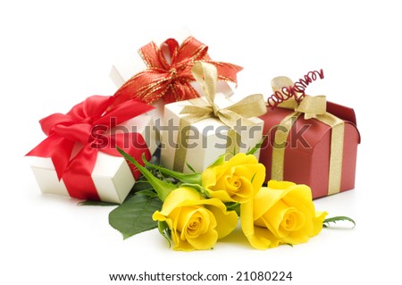 yellow roses and gift box on white background