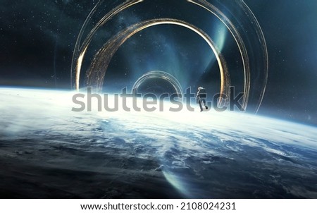 Huge black hole warps space. 5K realistic science fiction art. Elements of image provided by Nasa Royalty-Free Stock Photo #2108024231