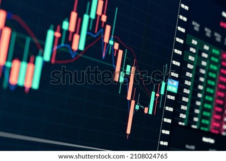 Stock exchange online trading platform chart candlesticks bars, tickers digital data on crypto currency trade financial market platform. Stockmarket graph statistic. Computer screen closeup background Royalty-Free Stock Photo #2108024765