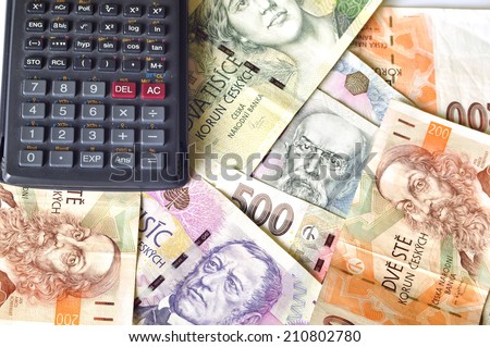 Czech banknotes and calculator, background