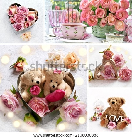 Valentines collage with collection of beautiful pictures of teddy bears and roses in pastel colors