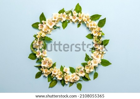 Wreath of jasmine flowers.Floral greeting card. For the wedding, birthday, or other celebration.Top view.