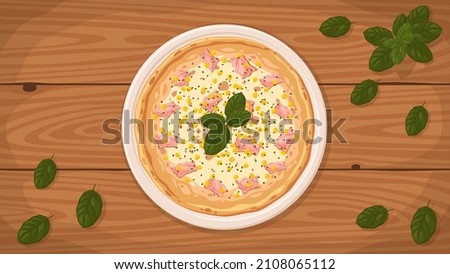 Detailed flat vector illustration of a delicious Italian style Pizza Mimosa on a plate surrounded with fresh ingredients.