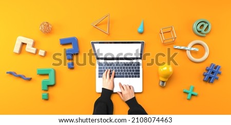 Question marks and geometric shapes with person using a laptop computer from above Royalty-Free Stock Photo #2108074463