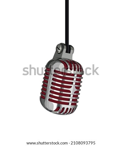 Vintage retro michrophone realistic. Old school hanging mic vector illustration. Classic style silver metallic microphone. Voice recorder. Sound technology on white background