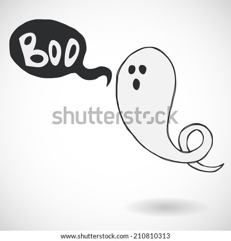 Spooky cartoon halloween ghost with speech bubble and Boo lettering, isolated on white background. Hand drawn childish illustration.