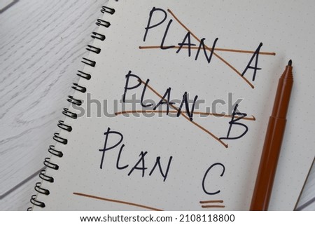 Plan A. Plan B. Plan C write on a book isolated on Wooden Table.