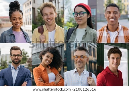 Collage photos of diverse multiracial business people looking at camera. Portraits of smiling confident different ages workers standing outdoors. Successful business and career concept 