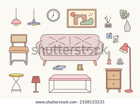 Collection of living room interior furniture. flat design style vector illustration.