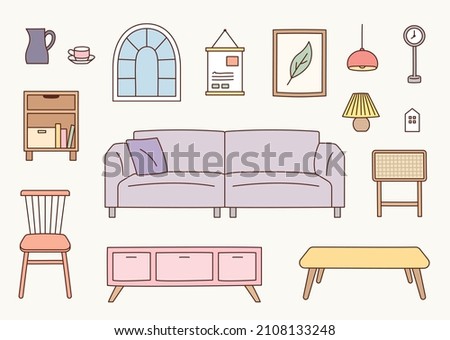 Collection of living room interior furniture. flat design style vector illustration.