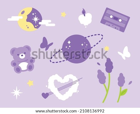 A collection of objects related to purple. flat design style vector illustration.