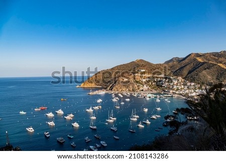 Sunny high angle view of the beautiful Avalon city of Catalina Island at California Royalty-Free Stock Photo #2108143286