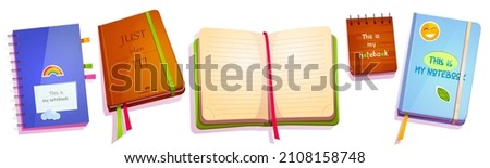 Notebooks, closed and open notepads of different size and design. Diary with colorful cover and bookmarks, lined pages, spiral, memo, office planner and to-do list isolated Cartoon vector illustration Royalty-Free Stock Photo #2108158748