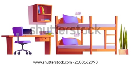 Hostel or student dormitory room interior stuff bunk bed with ladder, plant, bookshelf, workplace desk with laptop, files and chair. University living apartment items, isolated cartoon vector set