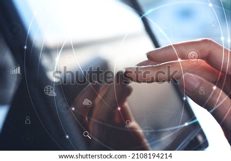 IoT, Internet of Things, social media, digital marketing, E-commerce, online shopping concept. Woman using digital tablet pc with technology icons, Pay Per Click (PPC), business technology development Royalty-Free Stock Photo #2108194214