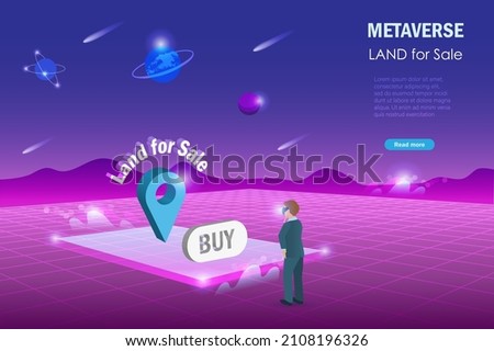 Metaverse land for sale, digital real estate and property investment technology. Man buy virtual reality land for sale in metaverse cyber space futuristic environment background. Royalty-Free Stock Photo #2108196326