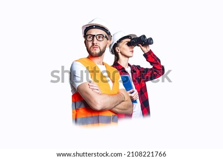 Young man and woman in construction clothes with binoculars on a white background