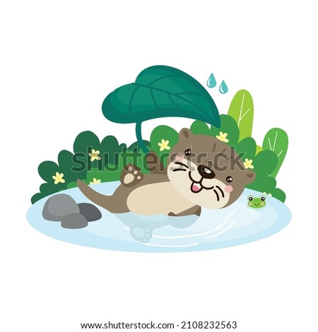  Cute  cartoon Otter floats on river.