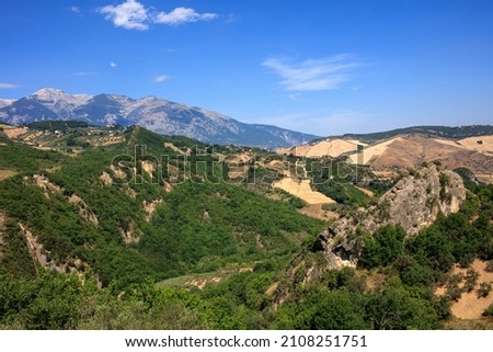 Surrounding landscape Roccascalegna, in the province of Chieti, Italy: Location also known for the presence of the castle on the rocky ridge above the inhabited center in a dominant position.