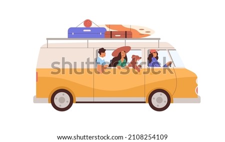 Friends travel by car on summer holidays. Happy people and dog in van during summertime road trip. Man, women and doggy in caravan on vacation. Flat vector illustration isolated on white background Royalty-Free Stock Photo #2108254109