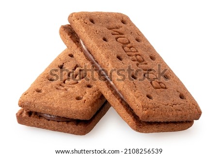 Two Bourbon chocolate cream biscuits isolated on white. Royalty-Free Stock Photo #2108256539