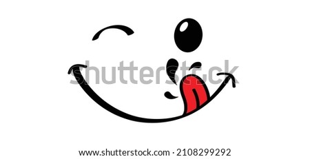 Yummy smile face with red tongue lick and saliva. Vector laugh cartoon slobber sign,  icon. Delicious, hungry, tasty eating. Lips or lips symbol. licking logo. Savour eating. World food day Royalty-Free Stock Photo #2108299292