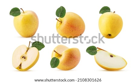 Set golden apple delicious with green leaf isolated on white background. Clipping Path. Full depth of field.