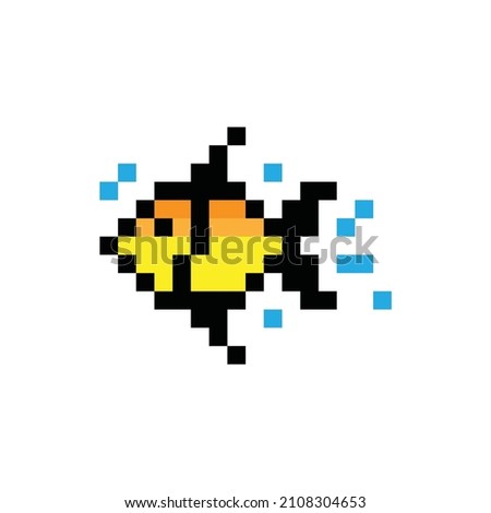 Yellow fish pixel art 8 bit game vector illustration.