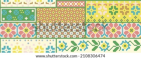 Seamless Pattern Floral Motifs Cross Stitch Vector Color